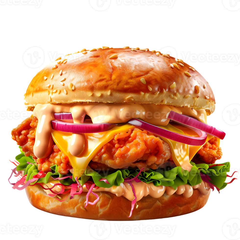 Fried Chicken Burger Isolated on Transparent Background, Delicious Fast-Food Burger png