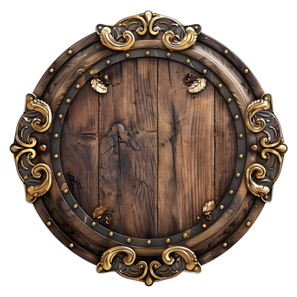 Circle wooden frame with gold elements isolated on transparent background png