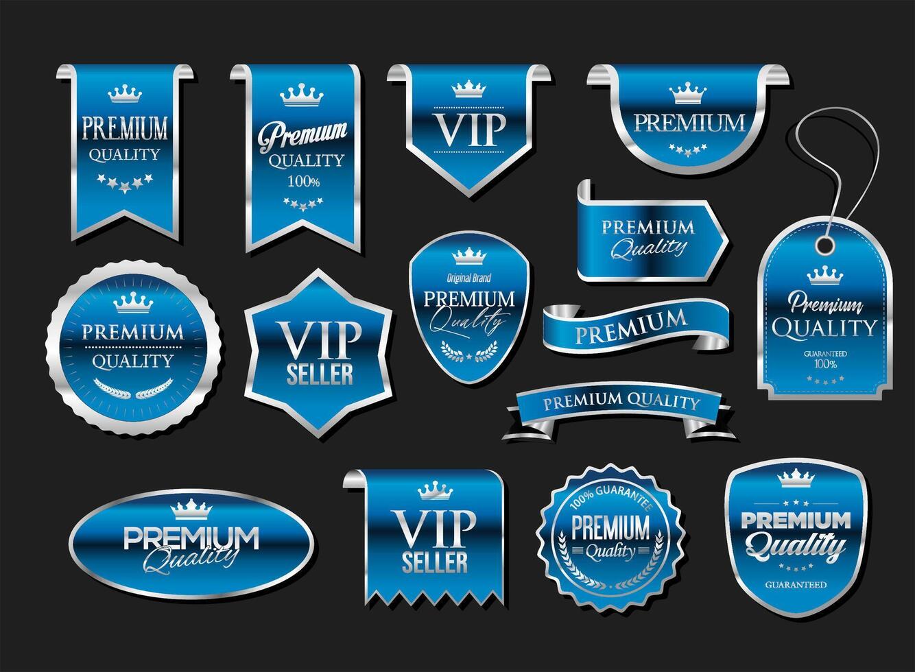 Silver and blue luxury labels and badges gold premium quality certificate ribbons vector