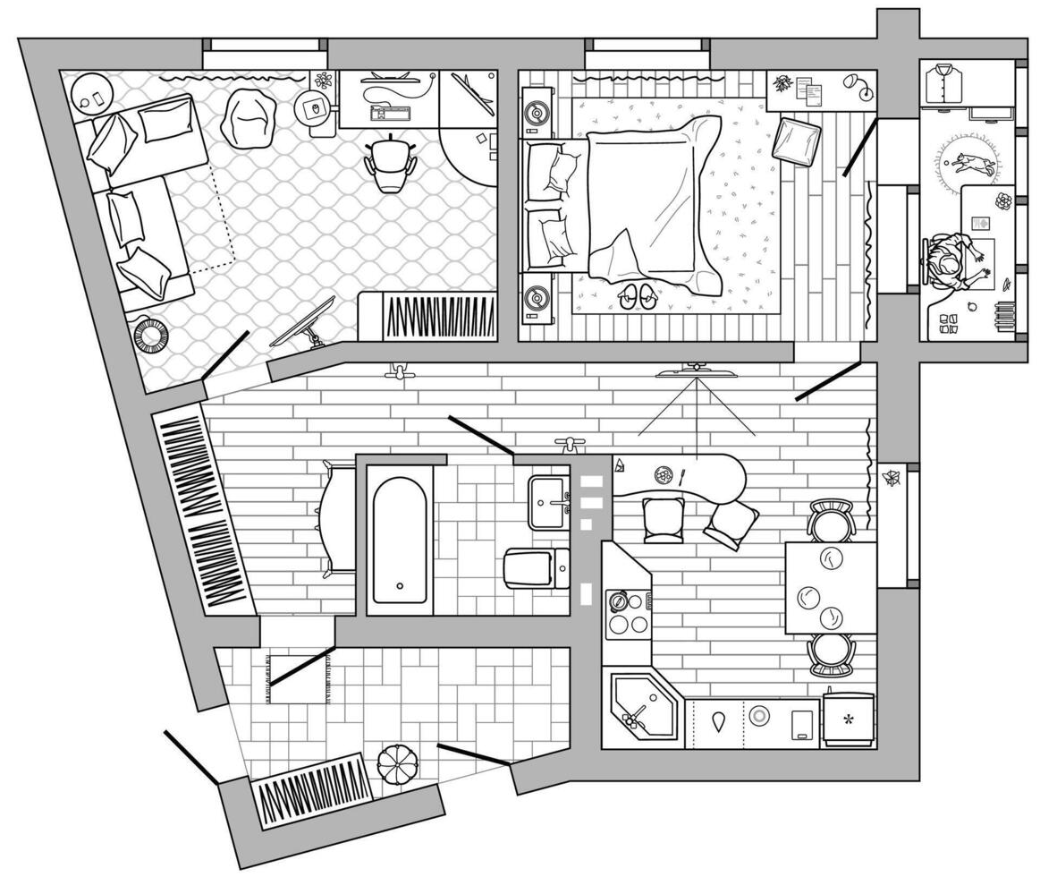 Architecture plan of apartment with furniture arrangement. House floor plan. Kitchen, living room and bathroom in above. Standard home items - thin line icons set. Interior design in top view vector