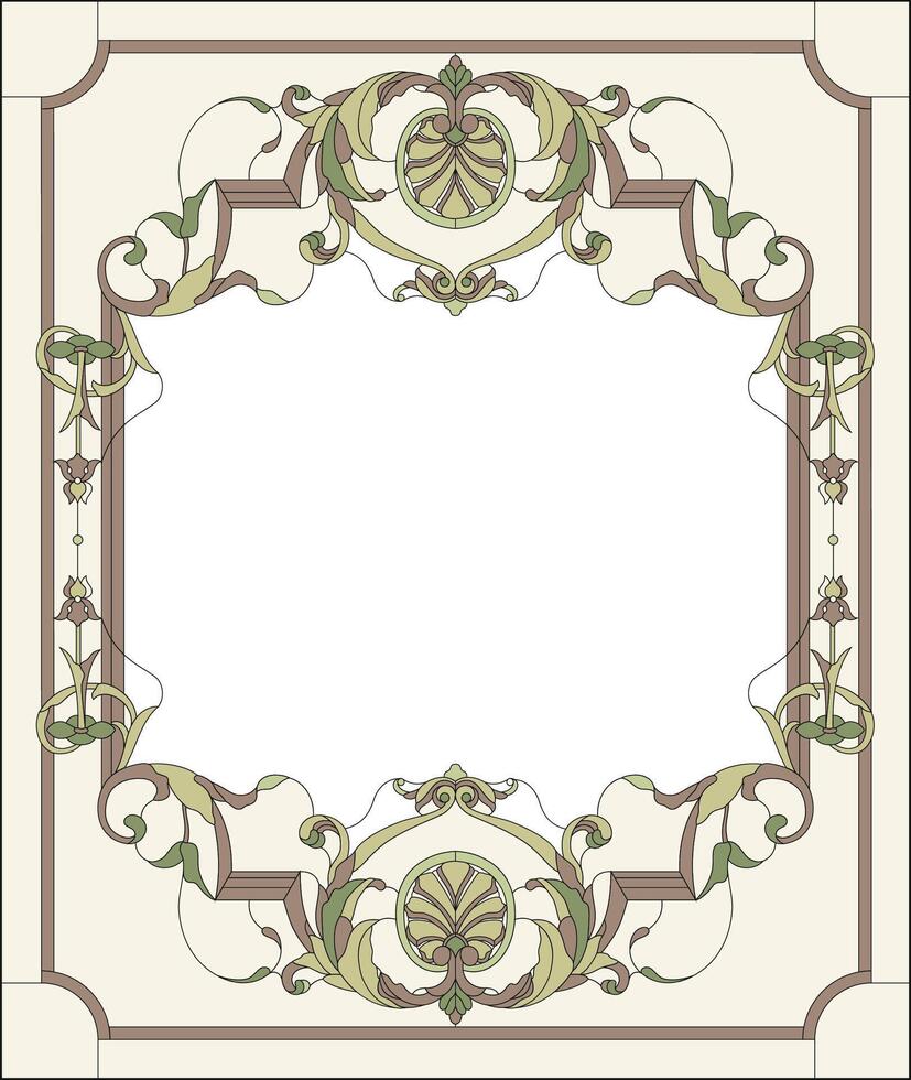 Stained-glass window decoration panel in a rectangular frame, abstract floral arrangement of buds and leaves in the baroque style vector