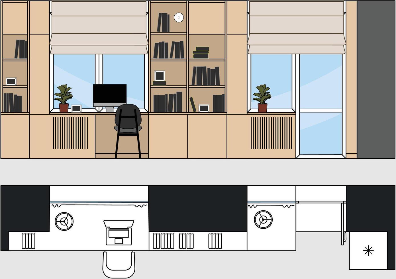 Children's room, wall layout. interior furniture in the front view. Design of the office, sweep wall. vector