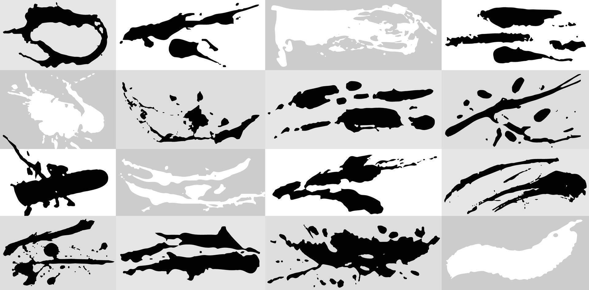 Set different grunge brush strokes. Splashes of dirt, stained background, smear with drops. Black paint hand made dry ink vector