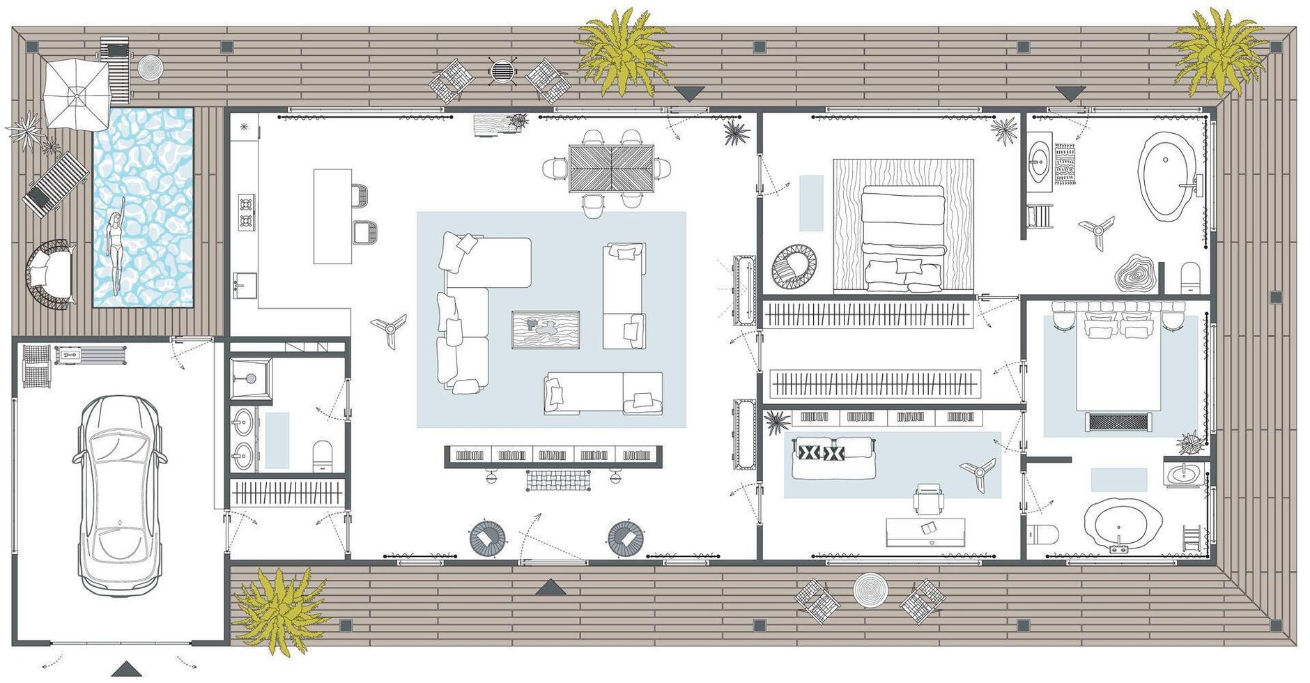 Floor plan of a country villa with furniture in top view. Architectural plan with the arrangement of furniture. Detailed layout of the interior apartment. House with a swimming pool vector