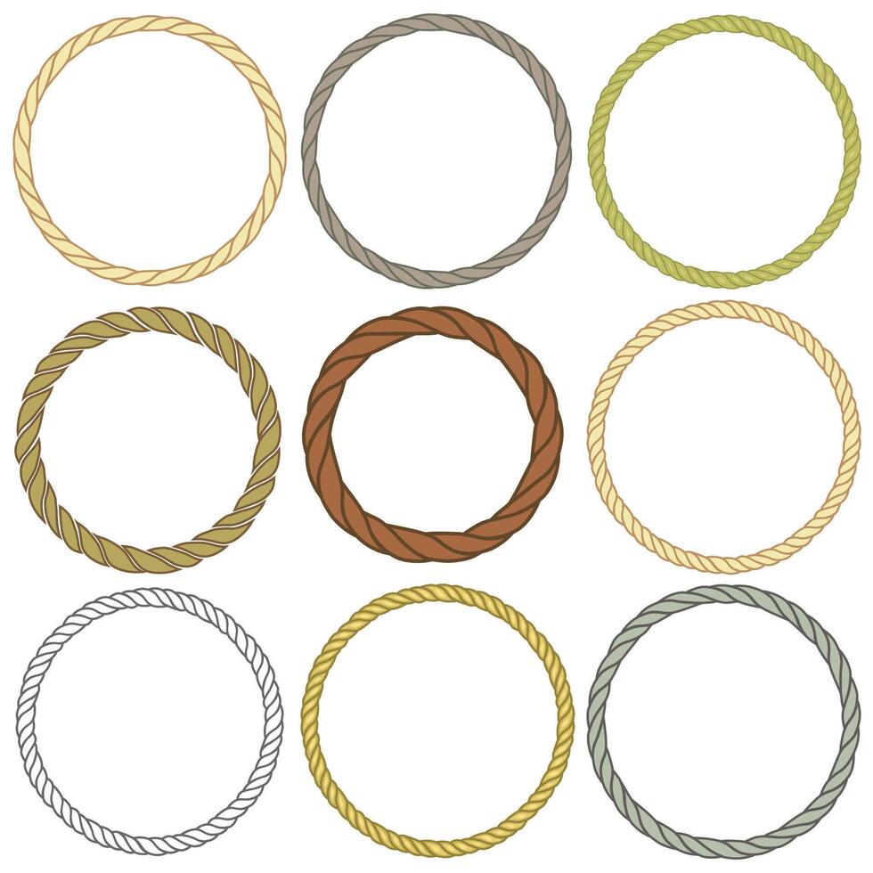 Set of round rope frame. Collection of thick and thin circles isolated on a white background. Rope circle wreaths for use as a decorative element, for a logo or emblem vector