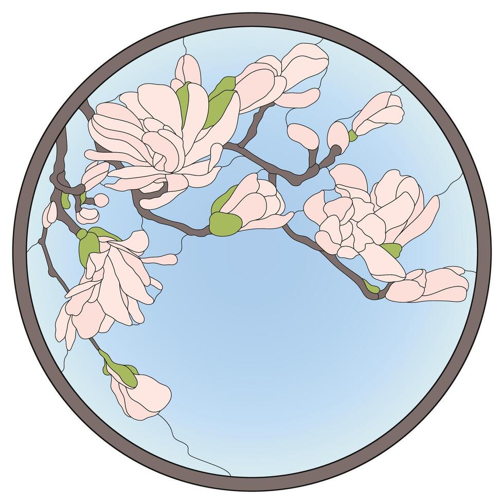 Colored stained-glass window in a round frame. Orchid floral arrangement of buds and leaves in the art Nouveau style. vector