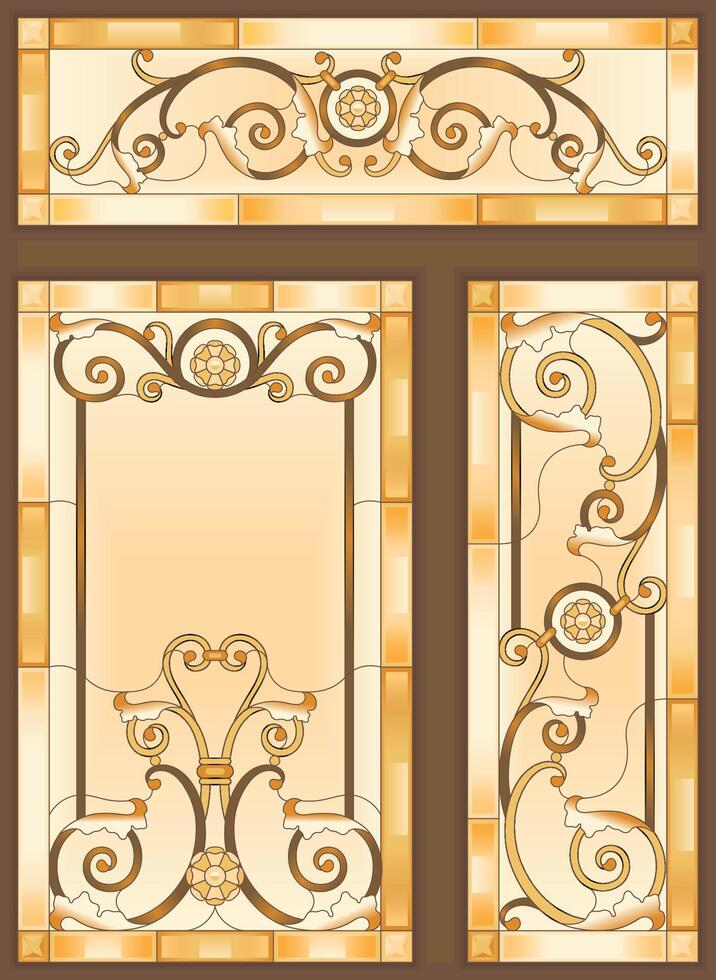 Colorful stained glass window in baroque style for ceiling or door panels. Tiffany technique. Abstract glass panels, floral pattern in a rectangular frame vector