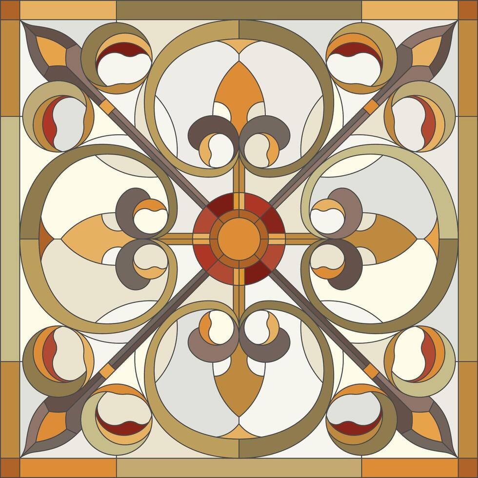 Abstract flower in square frame, geometric ornate pattern tile. Window on the ceiling in square frame, symmetric composition, yellow and biege color. Stained glass window. Mosaic floor vector