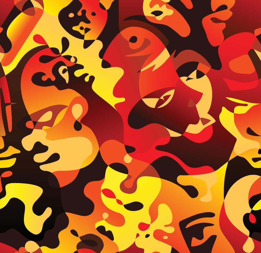 Carnival abstract mural painting in cubism Picasso style. Graphic design poster with abstract form mask face characters. Modern colourful art. Graffiti print. Cartoon seamless background vector