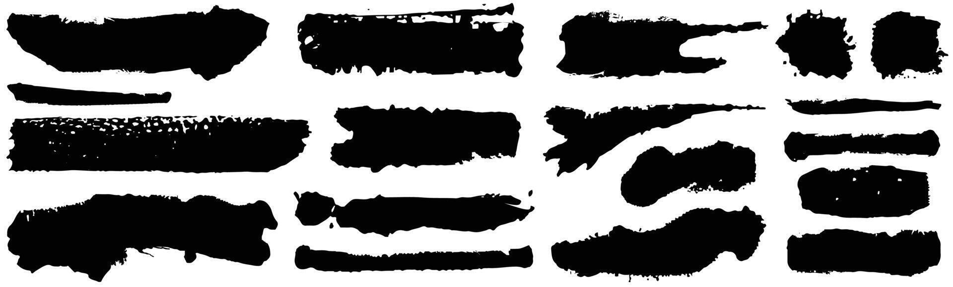 Set of different grunge brush strokes. Dirty artistic design elements isolated on white background. Black paint hand made, dry ink text box. Brush smear vector