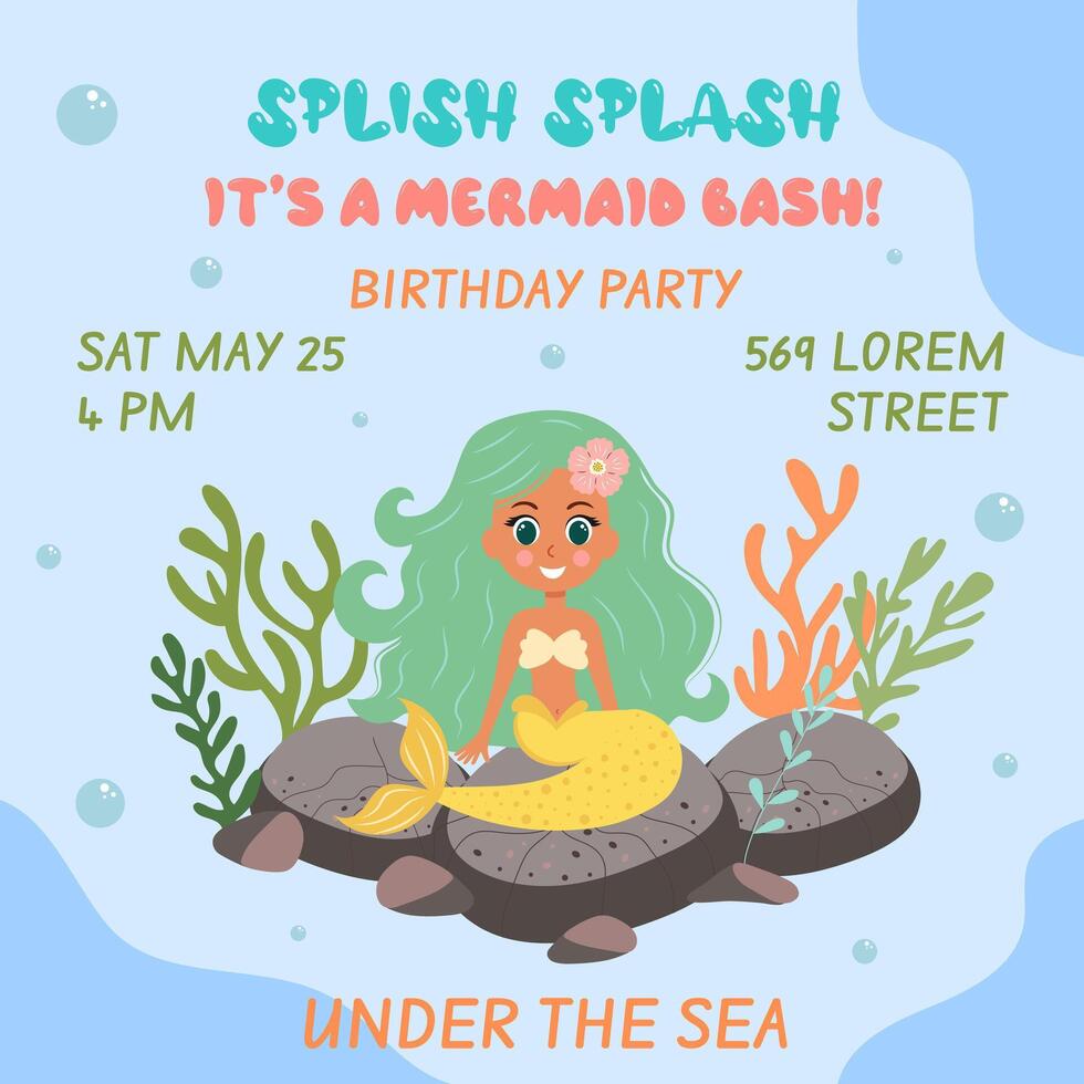 Birthday invitation with mermaid. template of mermaid theme birthday party invitation. vector