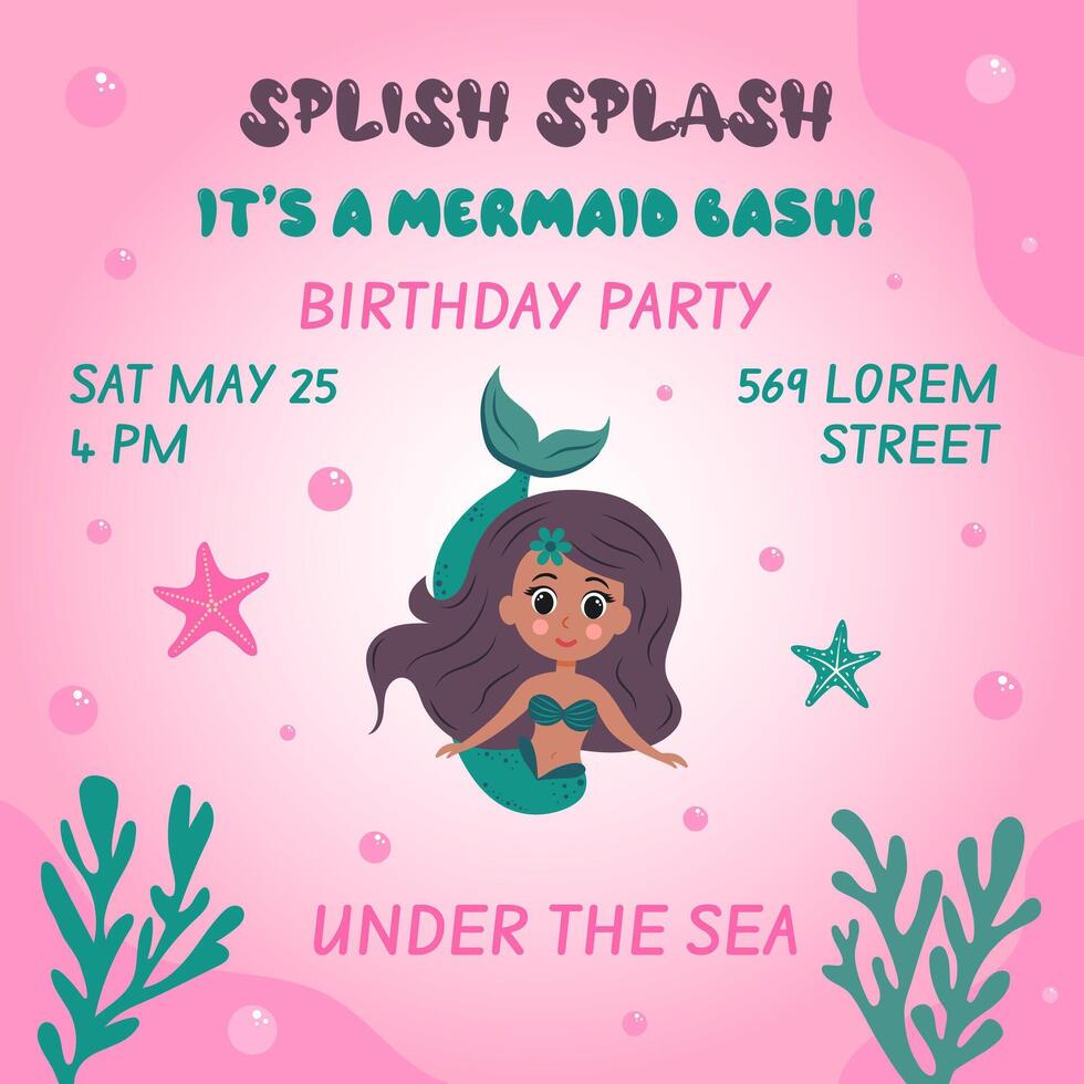 Birthday invitation with mermaid. template of mermaid theme birthday party invitation. vector