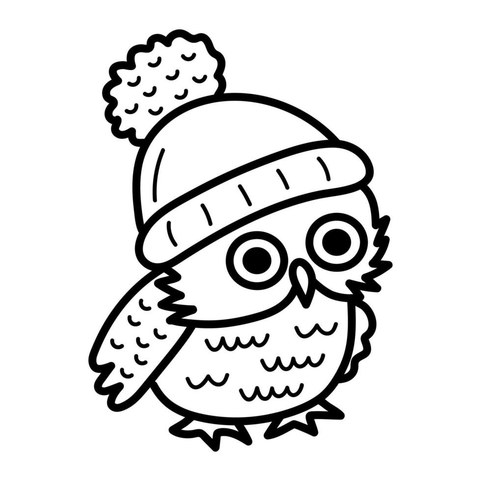 Cute line art owl in hat. Funny doodle owl character. Coloring book for kids. Nursery art style. vector