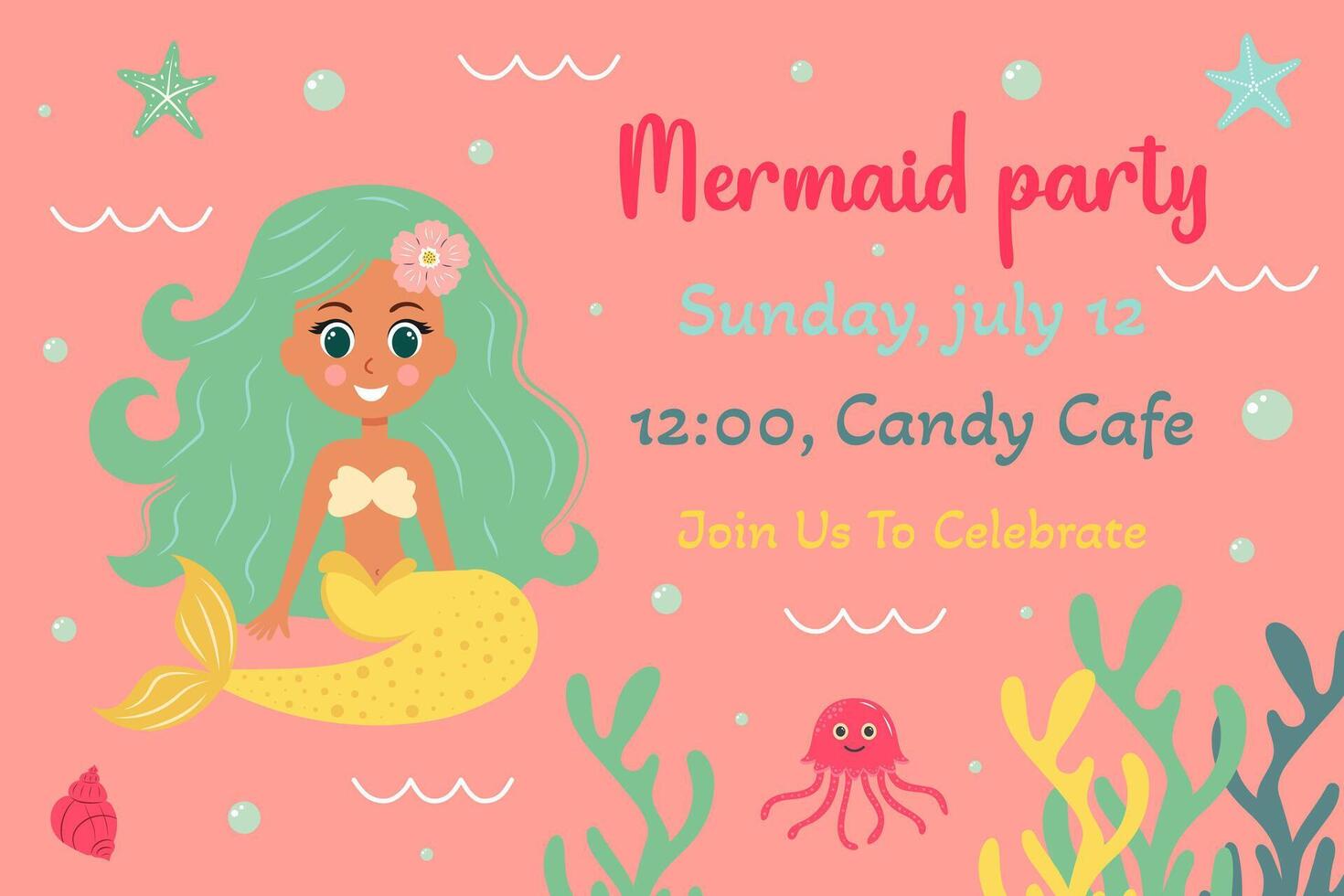 Birthday invitation with mermaid. template of mermaid theme birthday party invitation. vector