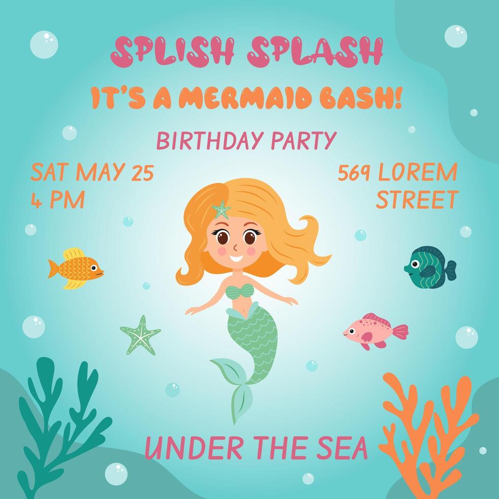 Birthday invitation with mermaid. template of mermaid theme birthday party invitation. vector