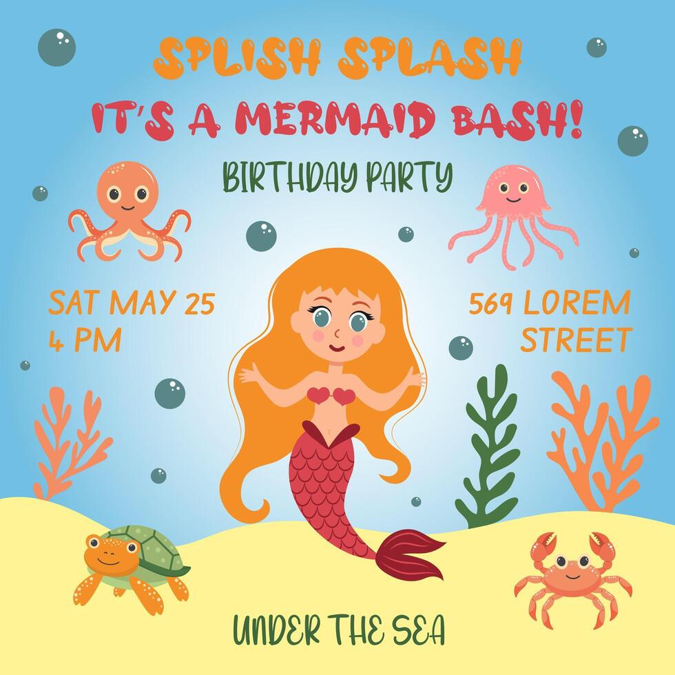Birthday invitation with mermaid. template of mermaid theme birthday party invitation. vector