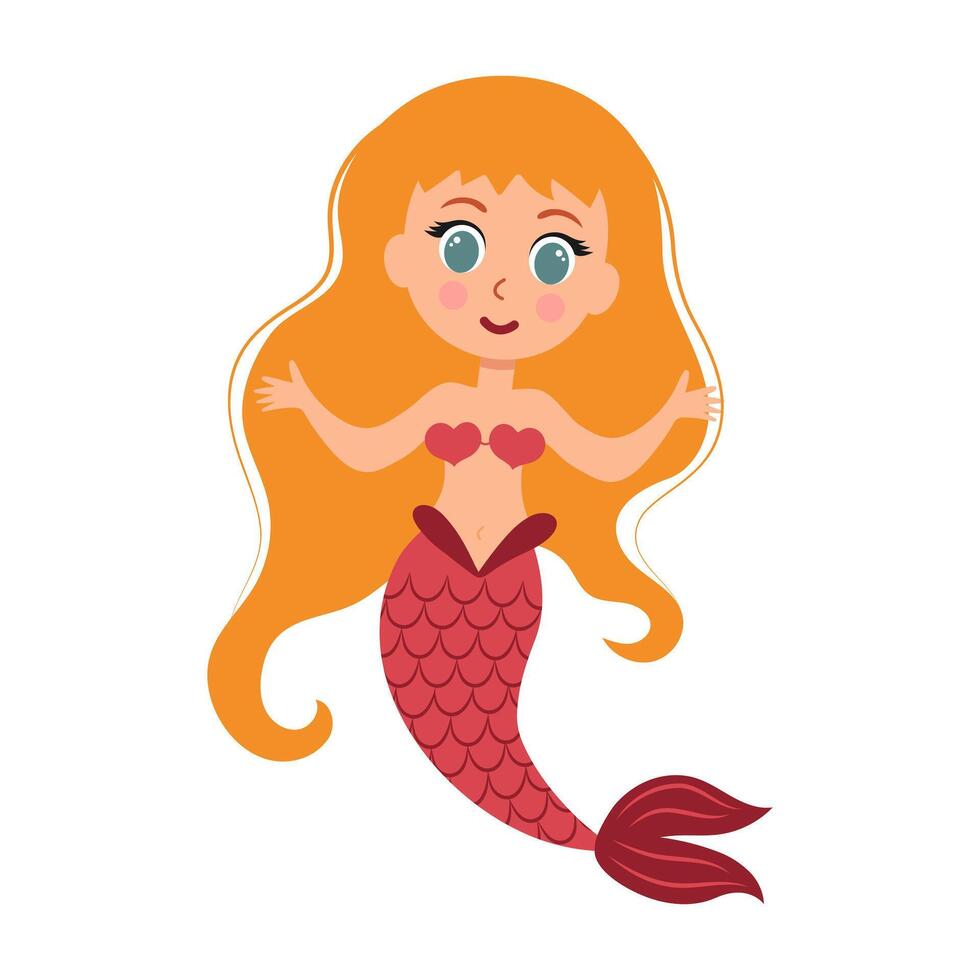 Cute little mermaid. Cartoon underwater princess character. illustration isolated on white background. vector