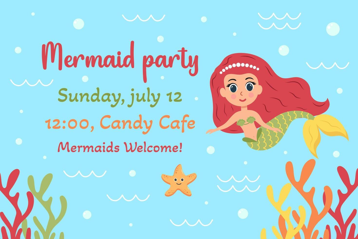 Birthday invitation with mermaid. template of mermaid theme birthday party invitation. vector