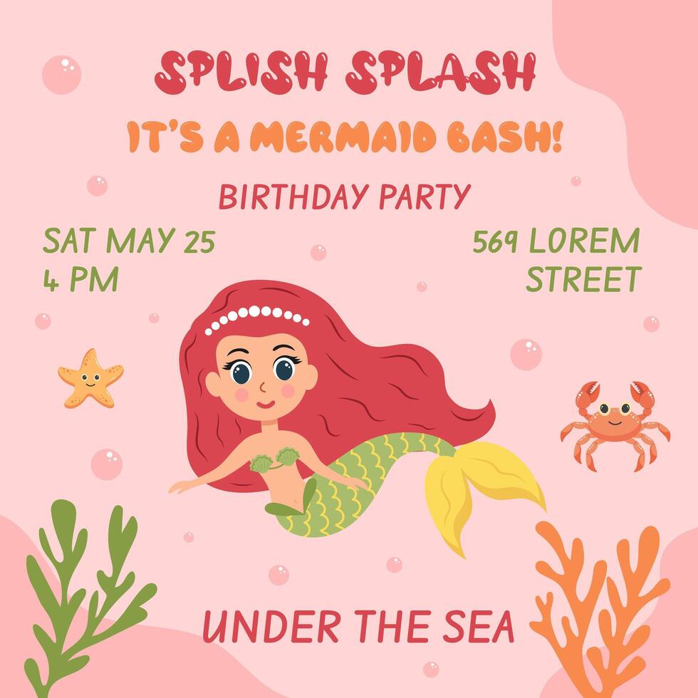 Birthday invitation with mermaid. template of mermaid theme birthday party invitation. vector