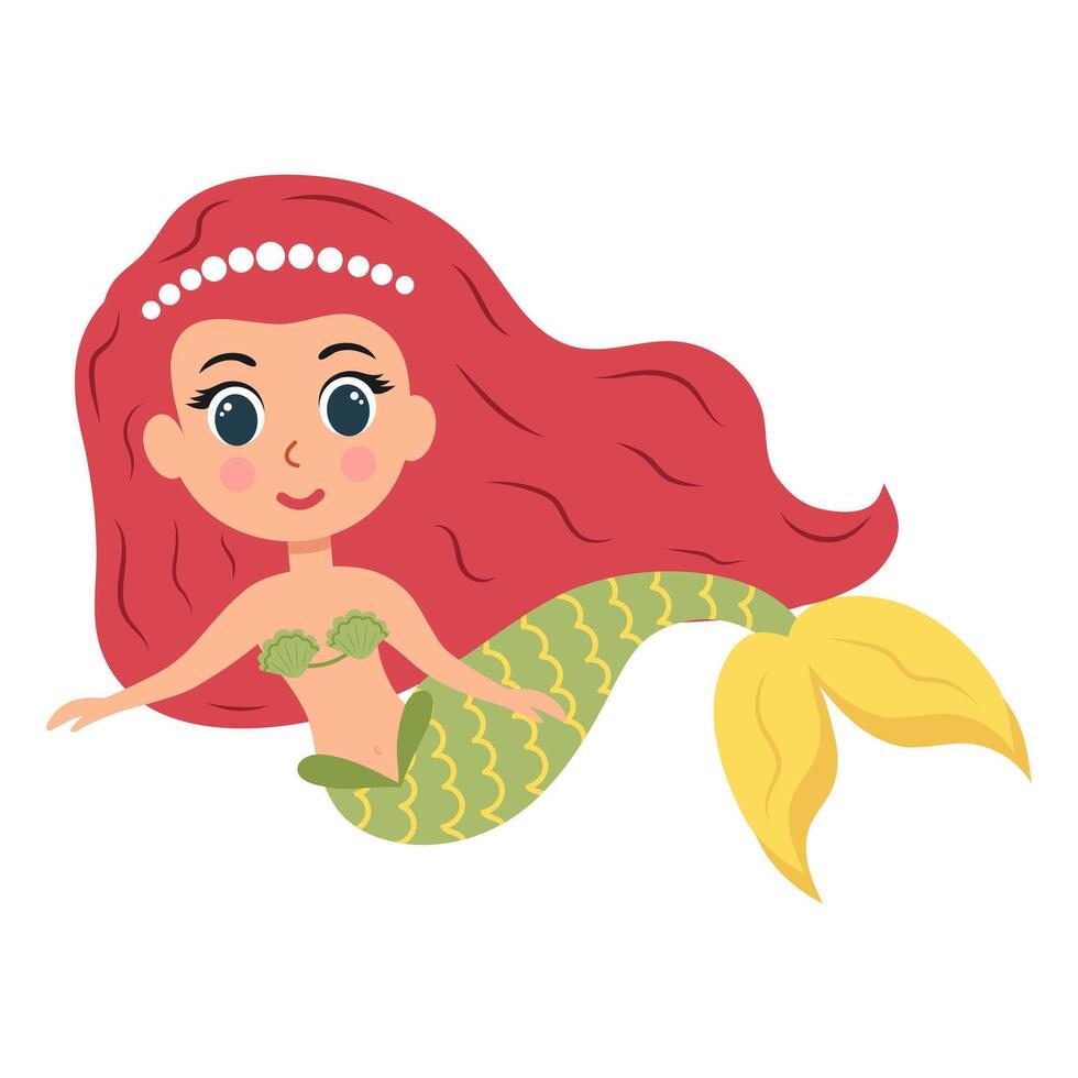 Cute little mermaid. Cartoon underwater princess character. illustration isolated on white background. vector
