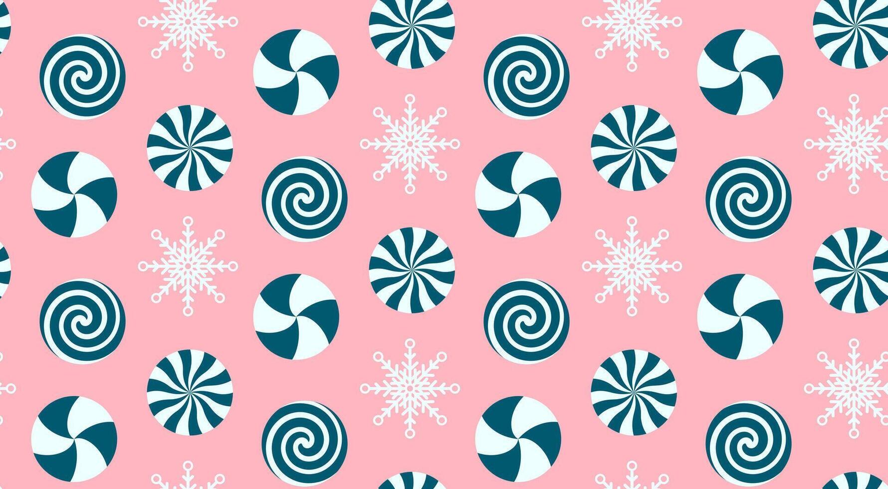 Christmas peppermint swirl candies and snowflake seamless pattern. Holiday traditional peppermint backdrop. vector