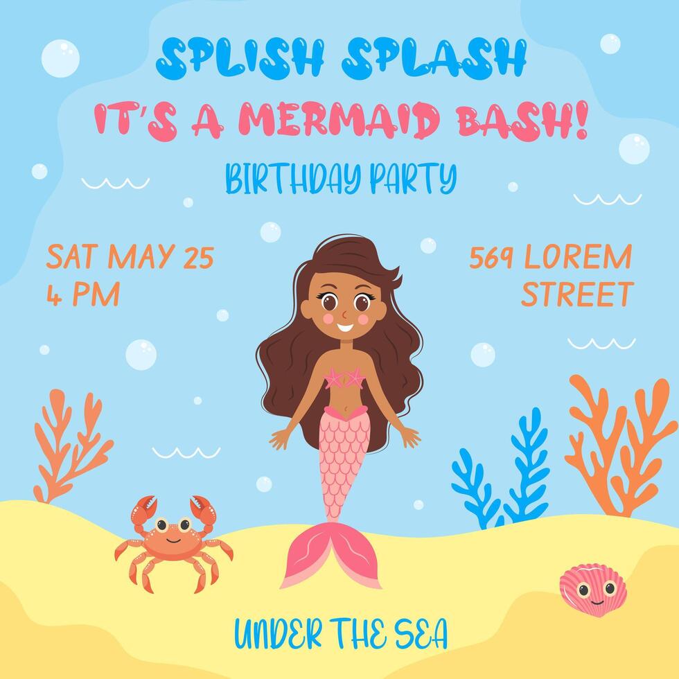 Birthday invitation with mermaid. template of mermaid theme birthday party invitation. vector