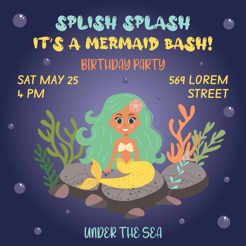 Birthday invitation with mermaid. template of mermaid theme birthday party invitation. vector