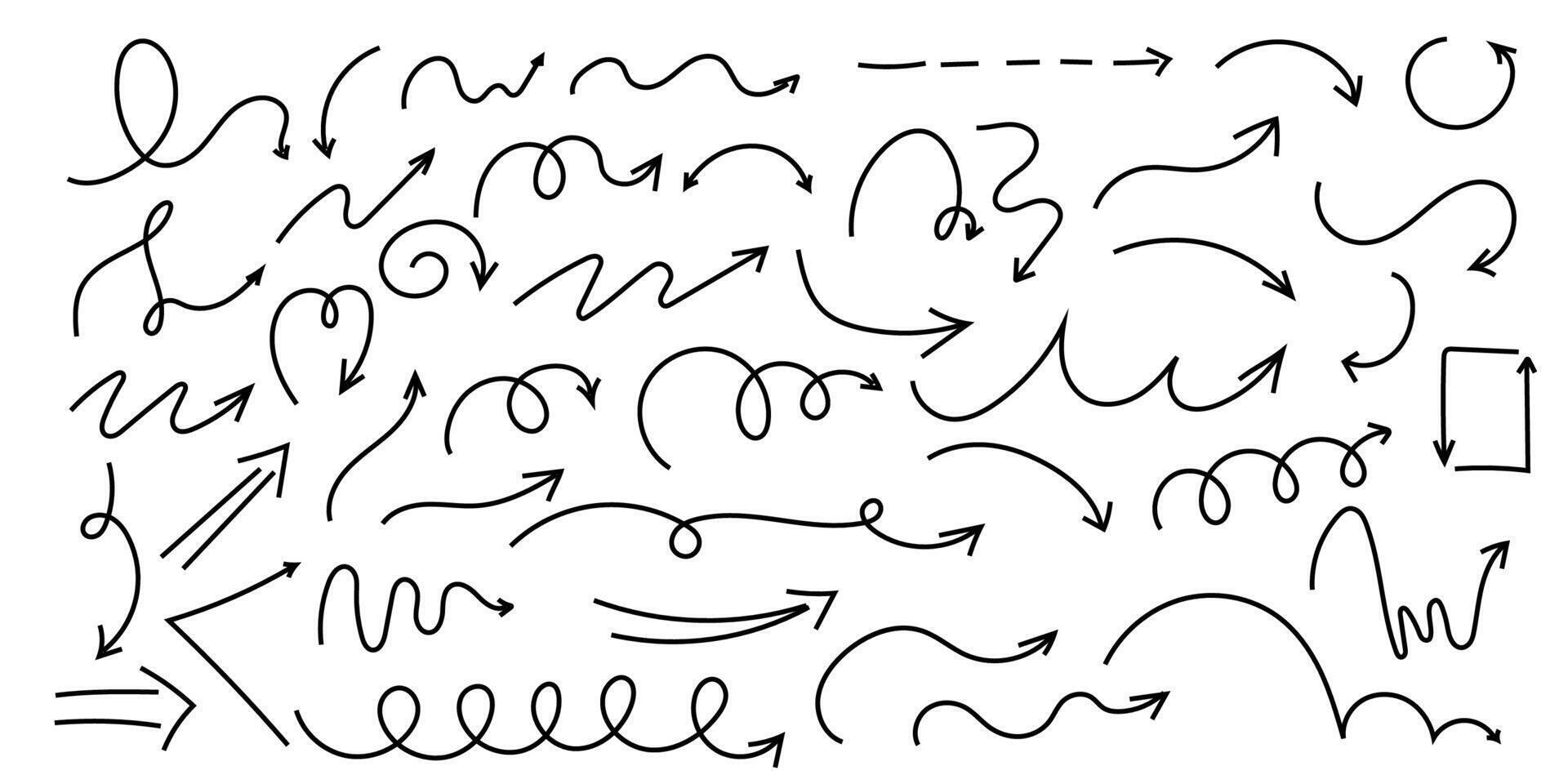 Spiral arrow doodle, wavy twist minimal squiggly line set. Curve comic turn way direction. Playful quirky simple free hand elements. vector