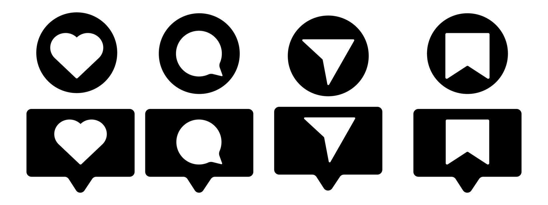 Media Icons interface social media like, chat, send and save symbols. Minimal ig set. Like notification, comment notification, follower notification social media vector