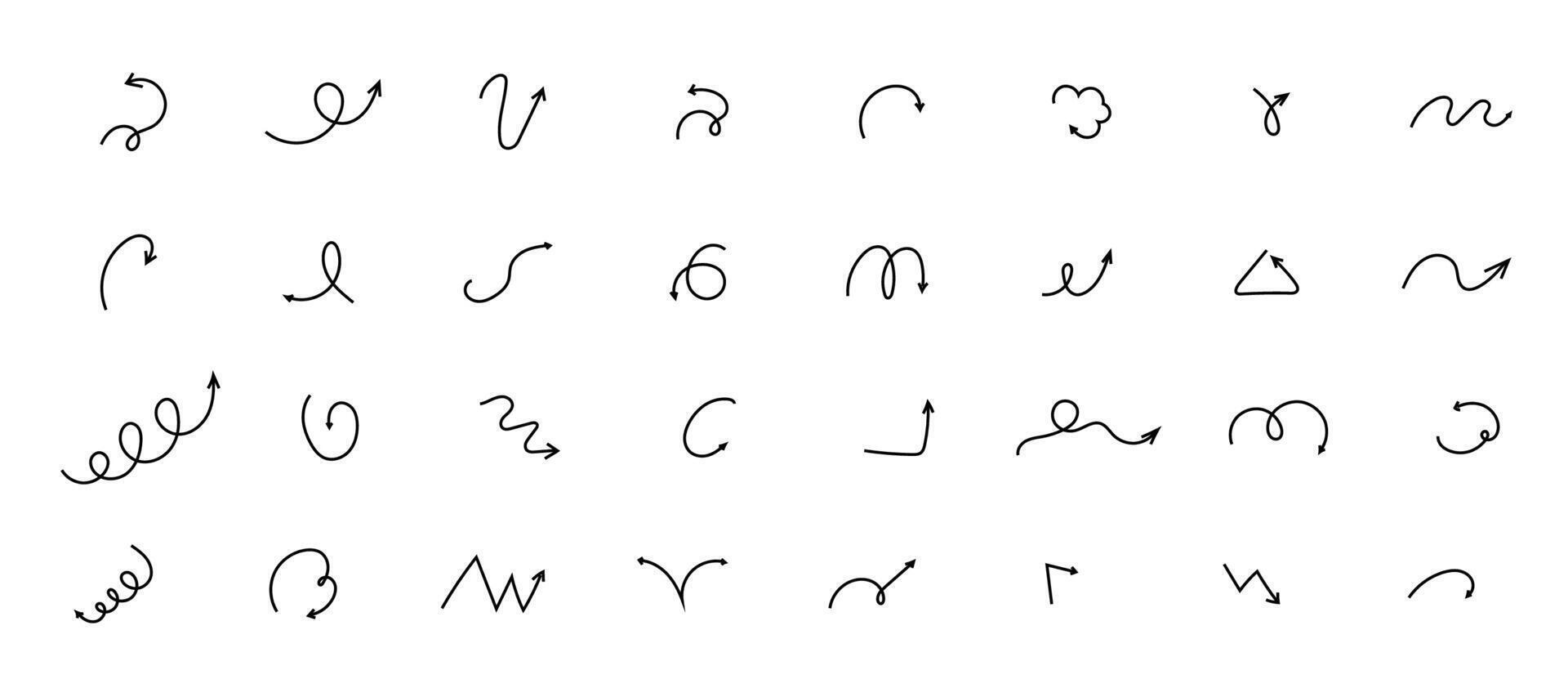 Spiral arrow doodle, wavy twist minimal squiggly line set. Curve comic turn way direction. Playful quirky simple free hand elements. vector