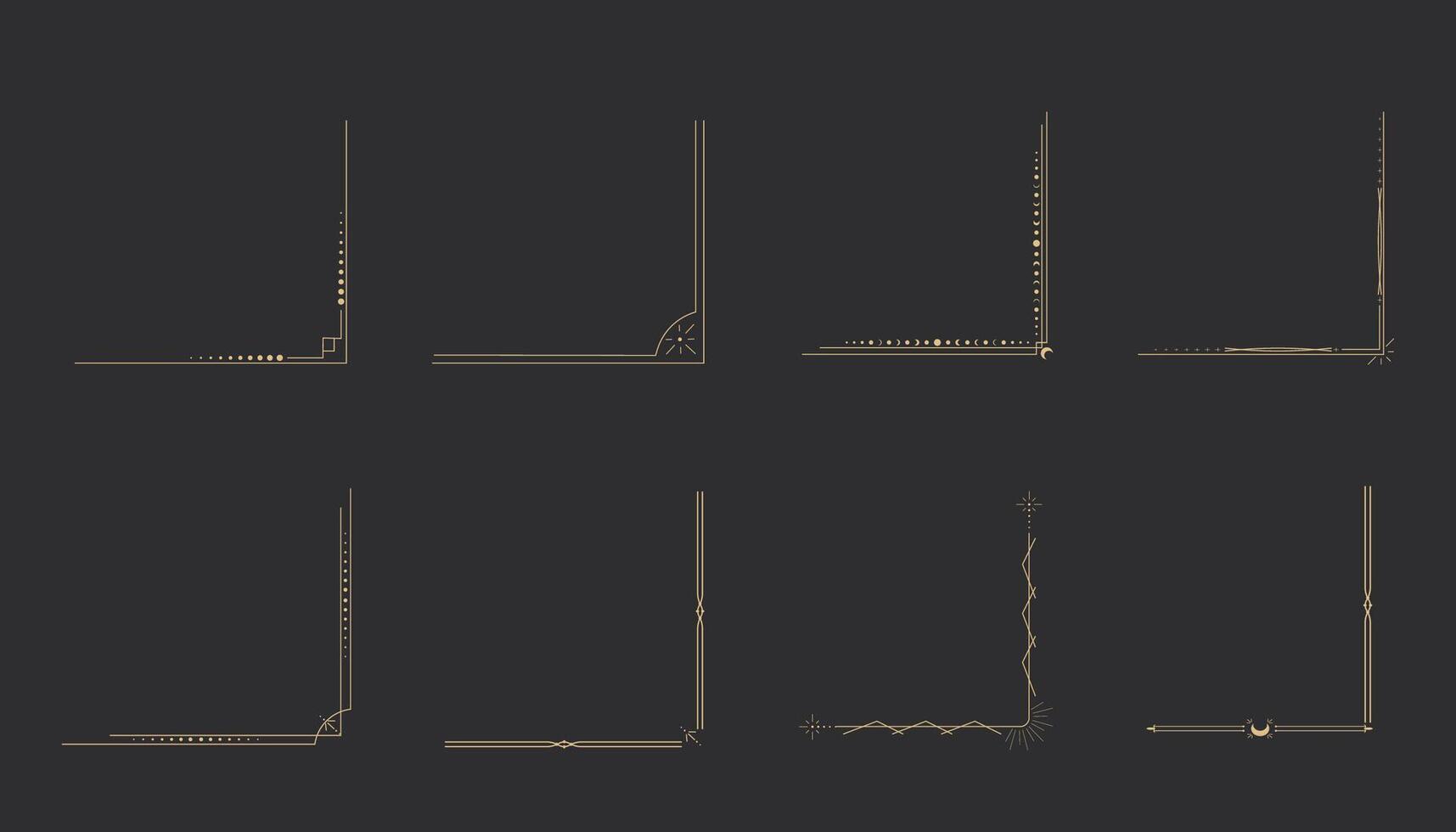 Celestial corner esoteric divider, gold border. Mystical line frame with moon and star. Golden mystic decoration, sparkle stars, sun. vector