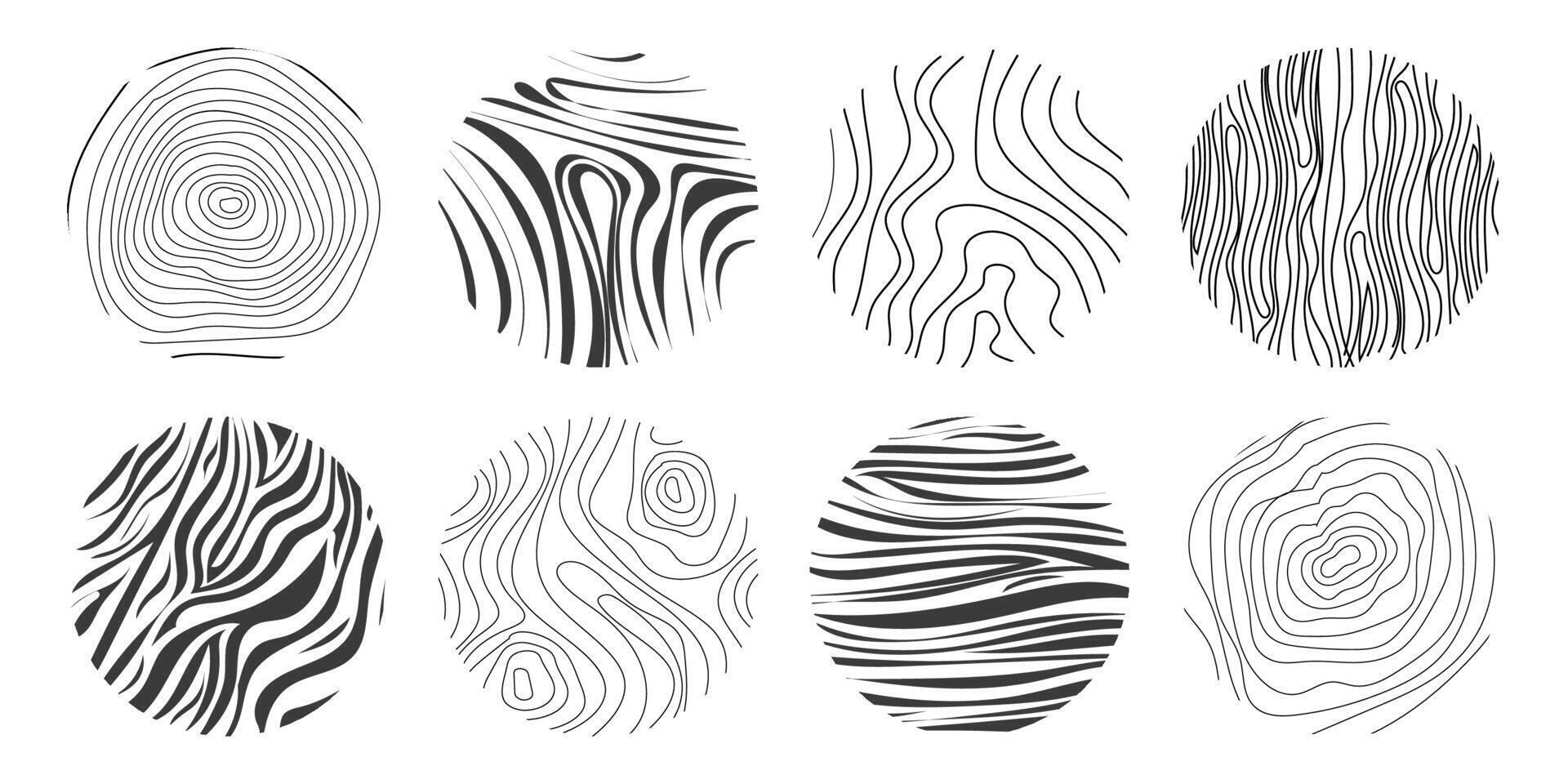 Wood texture material doodle hand drawn line. Tree trunk geometric curve and wave contour. Rings and circles. vector