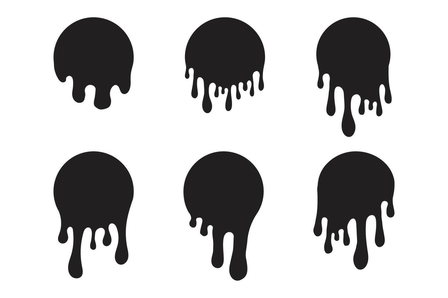 Melt drip circle silhouette paint round splash with drops, liquid shape, stain isolated on white background. Collection of Flowing fluid, slime or cream. vector