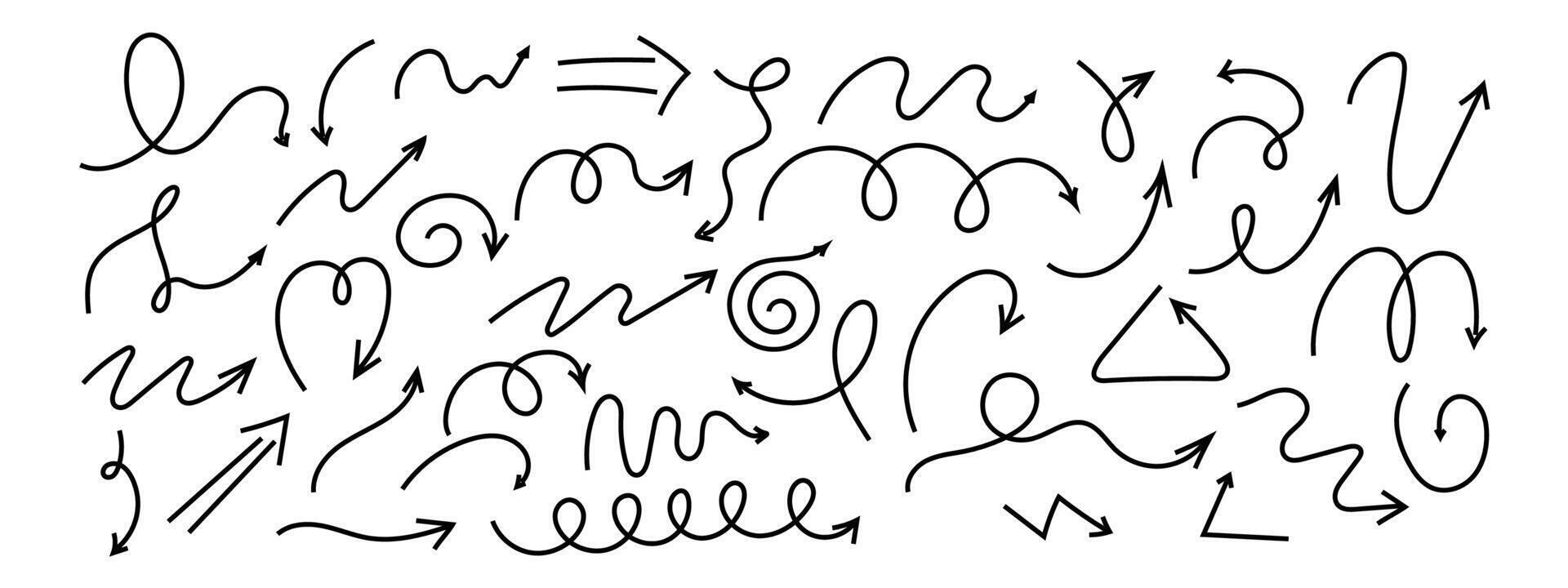 Spiral arrow doodle, wavy twist minimal squiggly line set. Curve comic turn way direction. Playful quirky simple free hand elements. vector