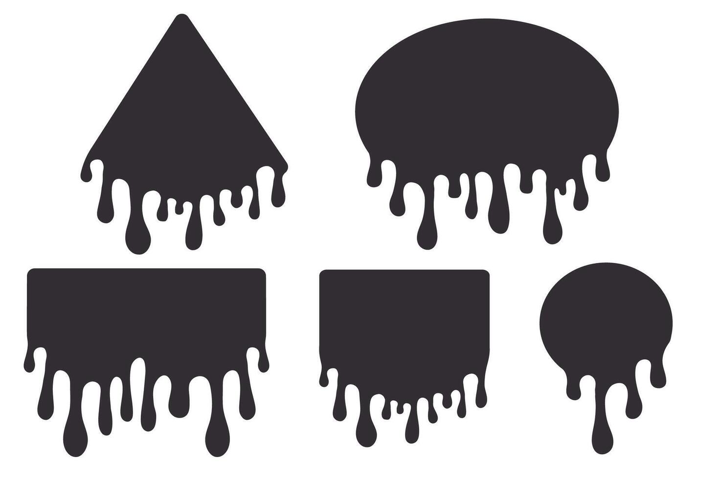 Melt drip circle silhouette paint round splash with drops, liquid shape, stain isolated on white background. Collection of Flowing fluid, slime or cream. vector