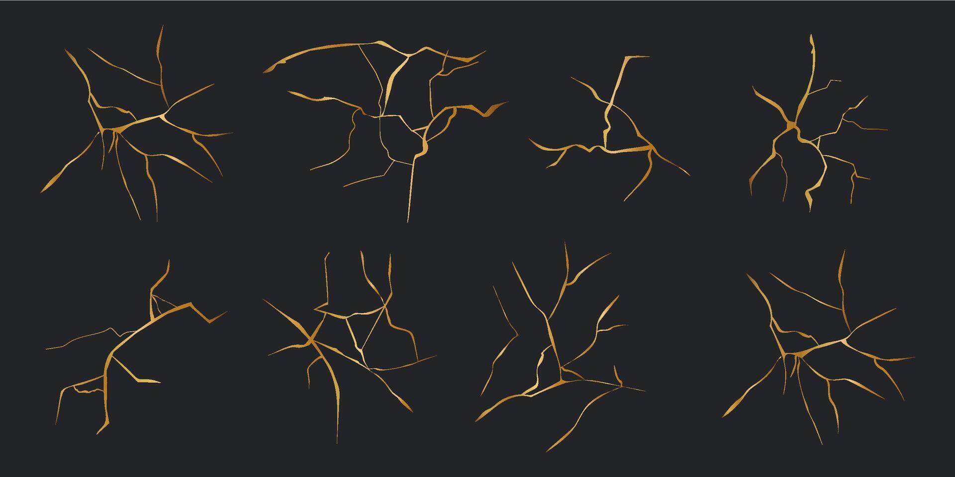 Kintsugi gold simple break lines, asian geaometric crackle. Surface with crack print, effect. Moderm cover golden broken texture. vector