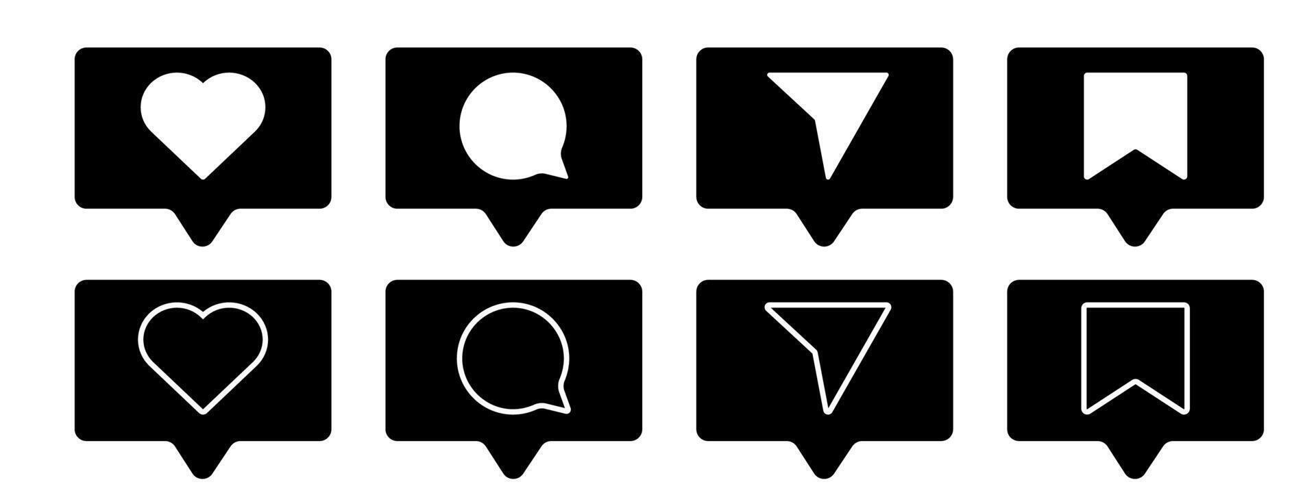Media Icons interface social media like, chat, send and save symbols. Minimal ig set. Like notification, comment notification, follower notification social media vector