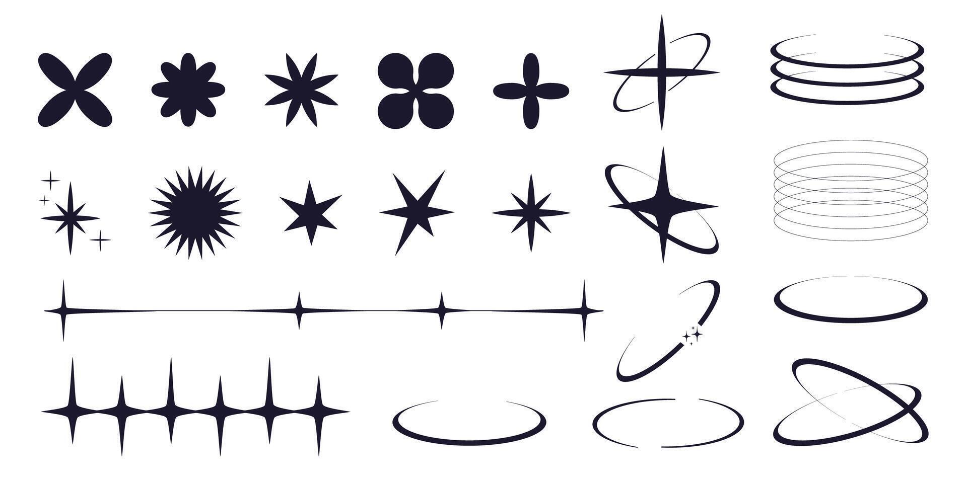 Set of y2k minimal geometric shapes thin line rings, abstract aesthetic element illustrated for banners, social media, poster design, sticker. Trendy design with frame, sparkles, star, lines vector