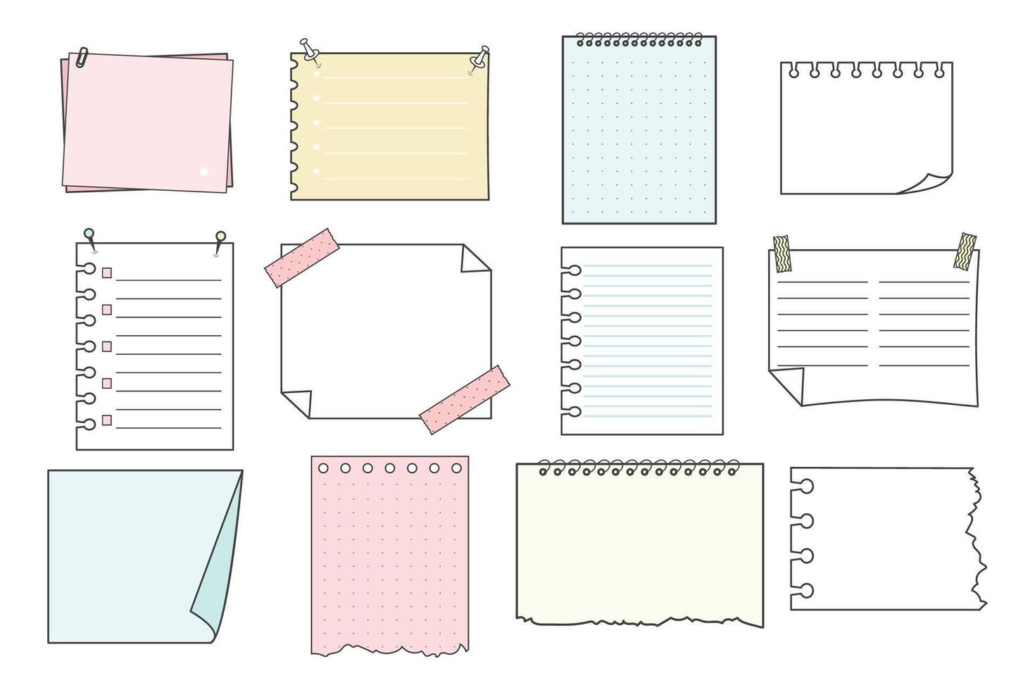 Memo sticky notes, sheet reminder, color office or school pages with tape, marks, pin, paperclip frames doodle style. Notebook bullet dairy list, funny retro drawing. vector