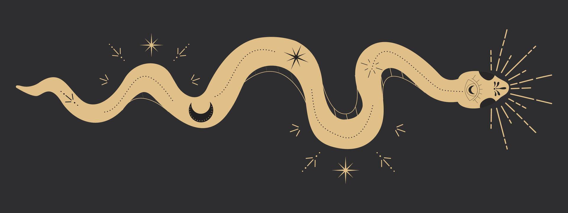Celestial serpent snake, esoteric tarot or tattoo mystery sacred symbol. Linocut style boho. Occultism and religion, sacred rites and sacrifice. Reptile vector
