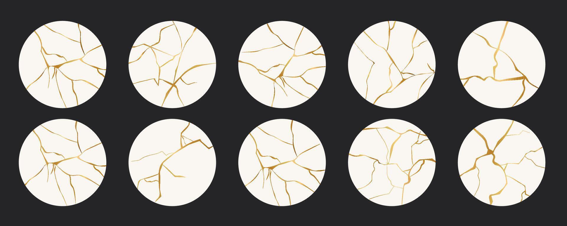 Highlight cover circle Kintsugi gold simple break lines, asian geaometric crackle. Social media frame surface with crack print, effect. Moderm cover golden broken texture. vector