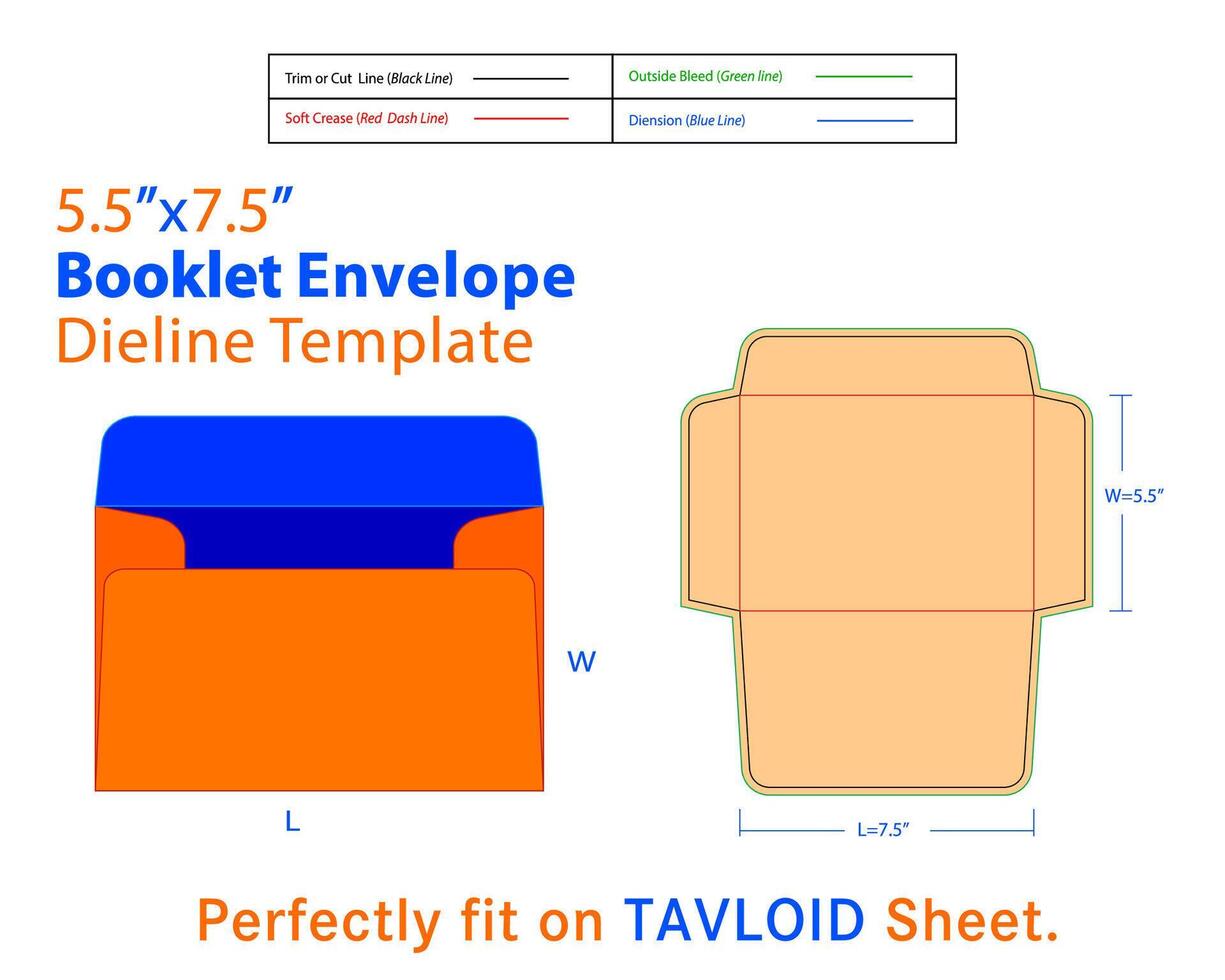 Booklet Envelope W 5.5, L 7.5 Inches Dieline Template vector