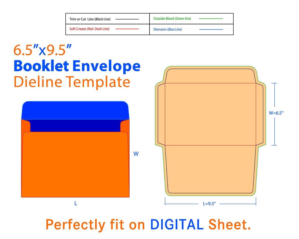 Booklet Envelope W 6.5, L 9.5 Inches Dieline Template vector