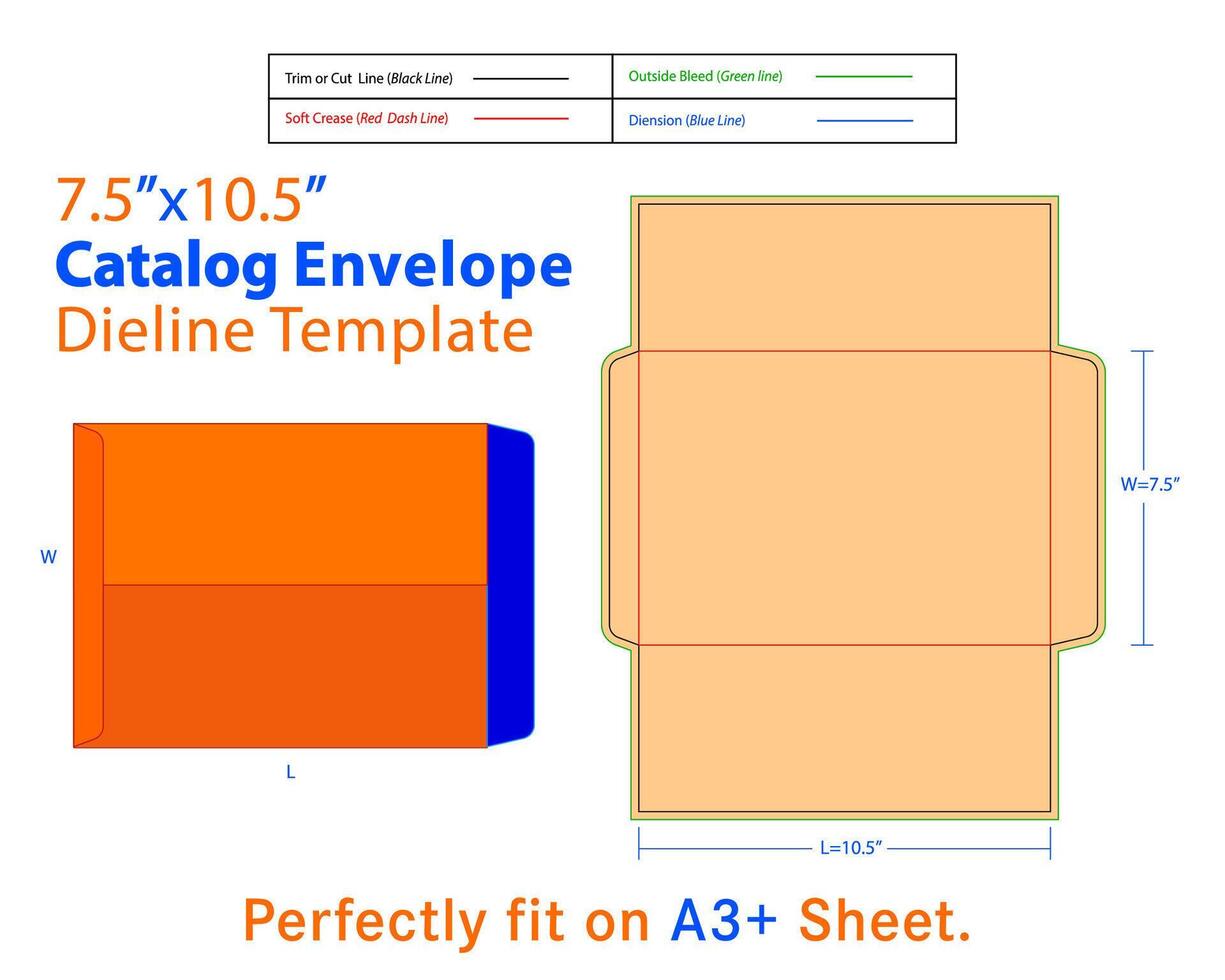 Catalog Envelope W 7.5, L 10.5 Inches Dieline Template vector