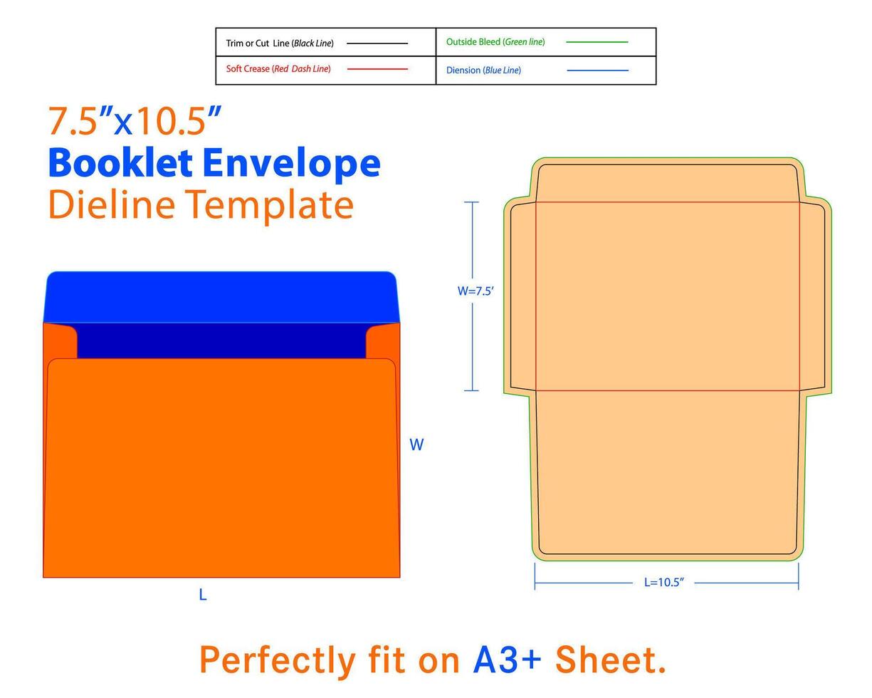 Booklet Envelope W 7.5, L 10.5 Inches Dieline Template vector