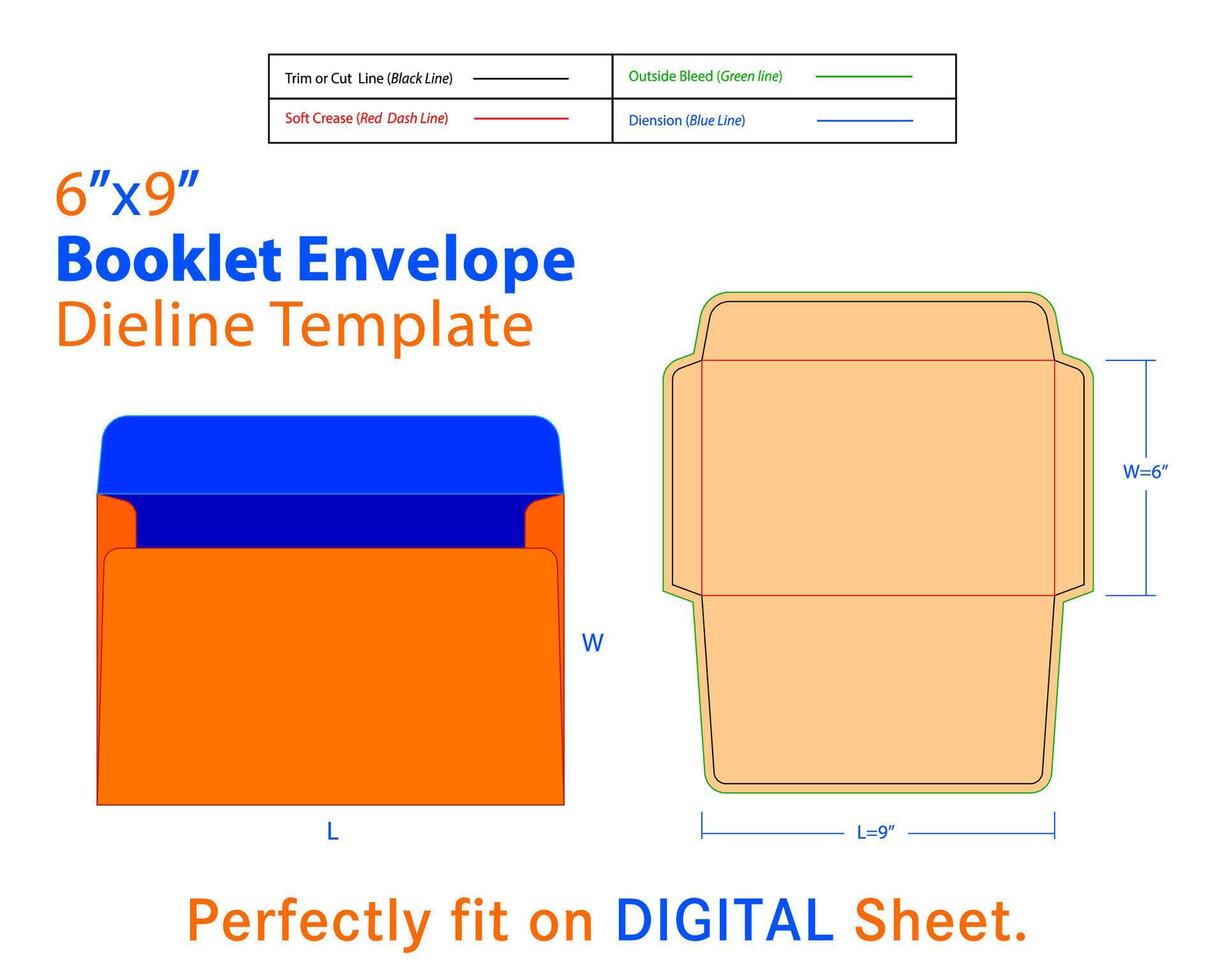 Booklet Envelope W 6, L 9 Inches Dieline Template vector