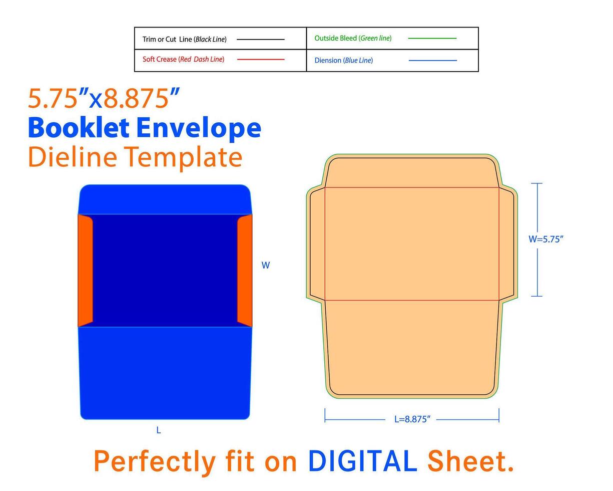 Booklet Envelope W 5.75, L 8.875 Inches Dieline Template vector
