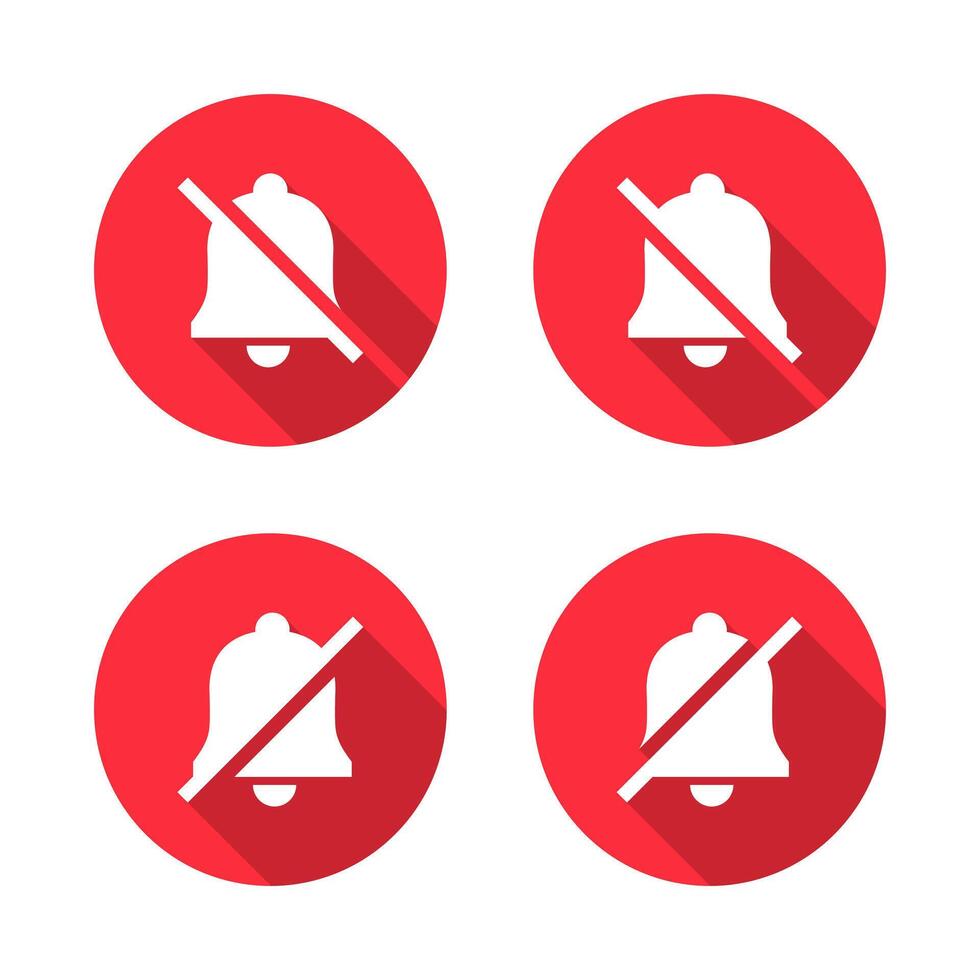 Mute bell icon set with long shadow. Silent, silence sign symbol vector