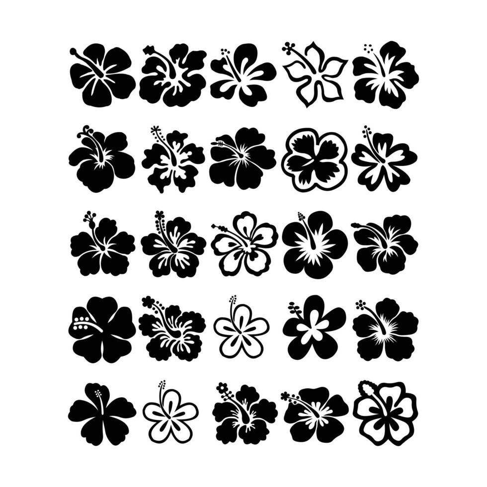 Tropical exotic hibiscus flowers set tattoo silhouette drawing floral desi vector