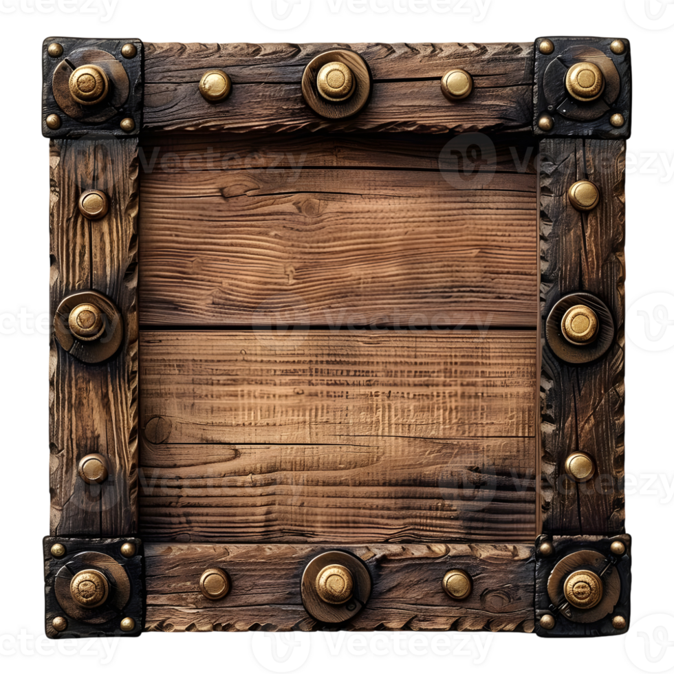 Square wooden frame with gold elements isolated on transparent background png